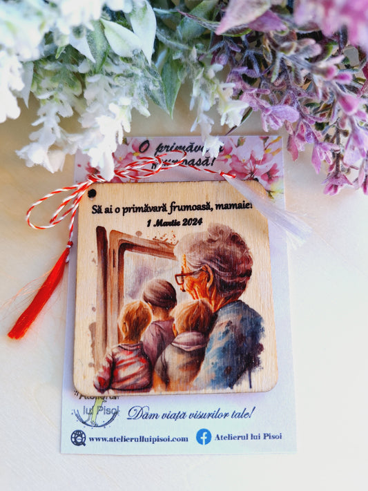 Martisor personalizat lemn/MDF bunica cu 3 nepoti- ALTP 17