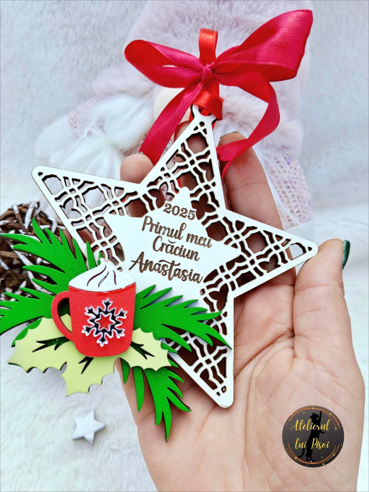 Glob stea din lemn personalizat Primul Craciun - ALTP 95