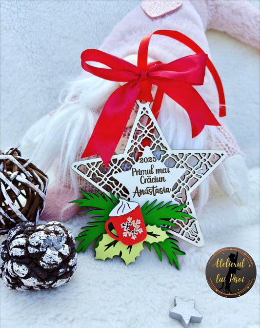 Glob stea din lemn personalizat Primul Craciun - ALTP 95