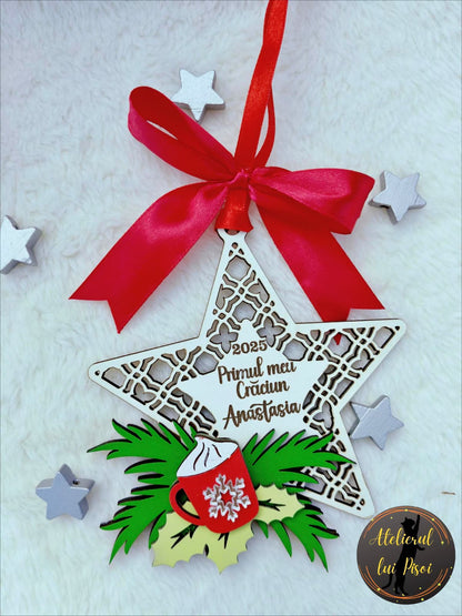Glob stea din lemn personalizat Primul Craciun - ALTP 95