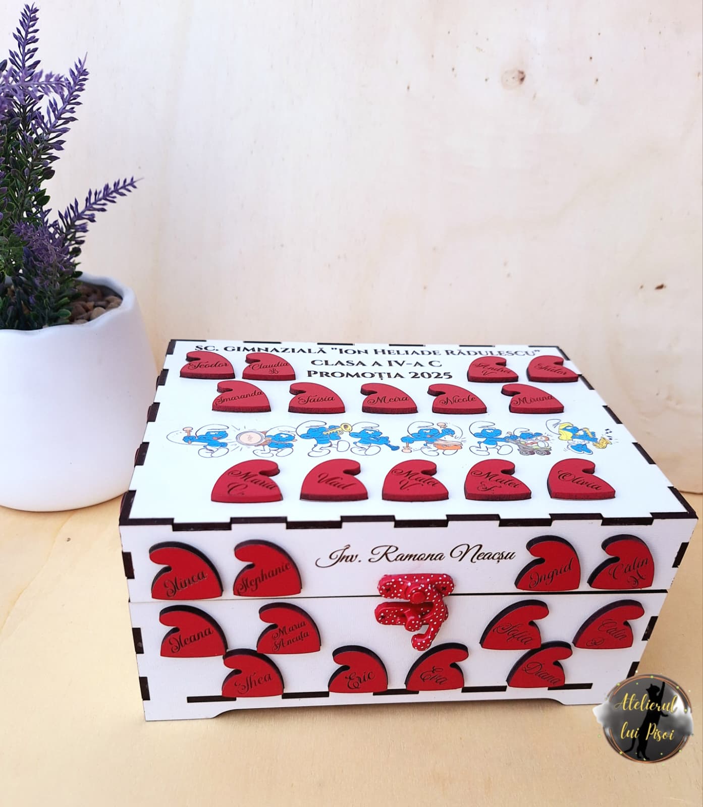 Cutie amintiri profesori personalizata-Strumfi