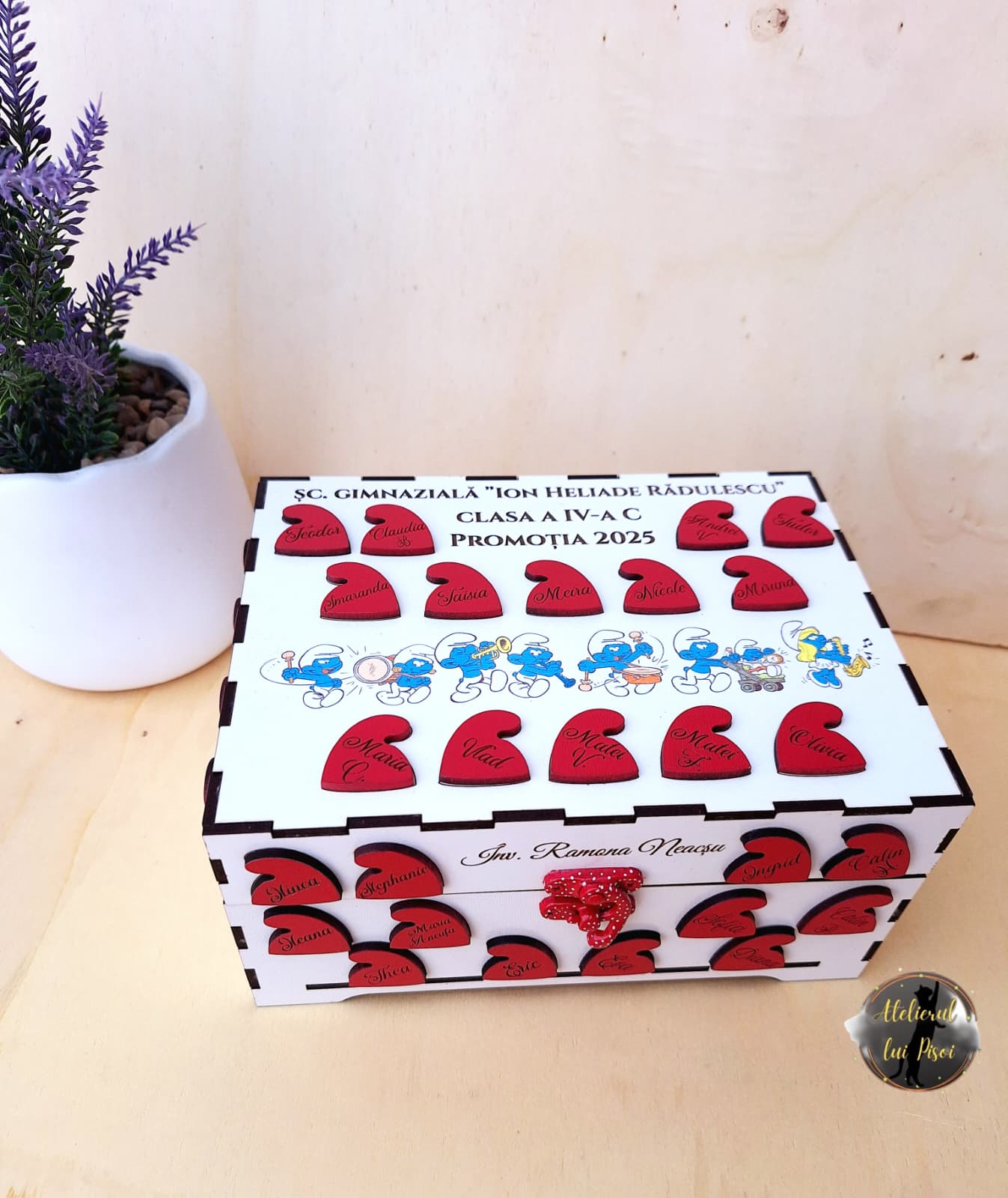 Cutie amintiri profesori personalizata-Strumfi